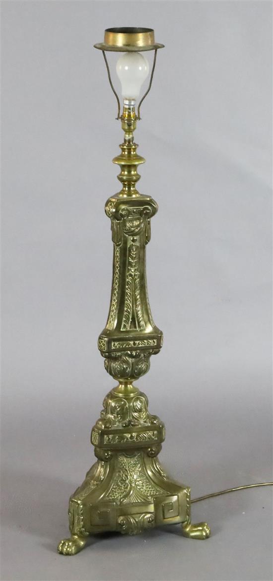 A 19th century Continental brass overlaid altar stick table lamp, height 33in.